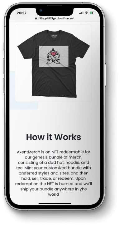 Easy-to-use website with seamless workflow perfectly demonstrates our hard skills in NFT merch app development.
