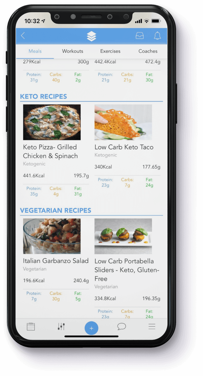 Recipe screen with keto and vegetarian recipes.