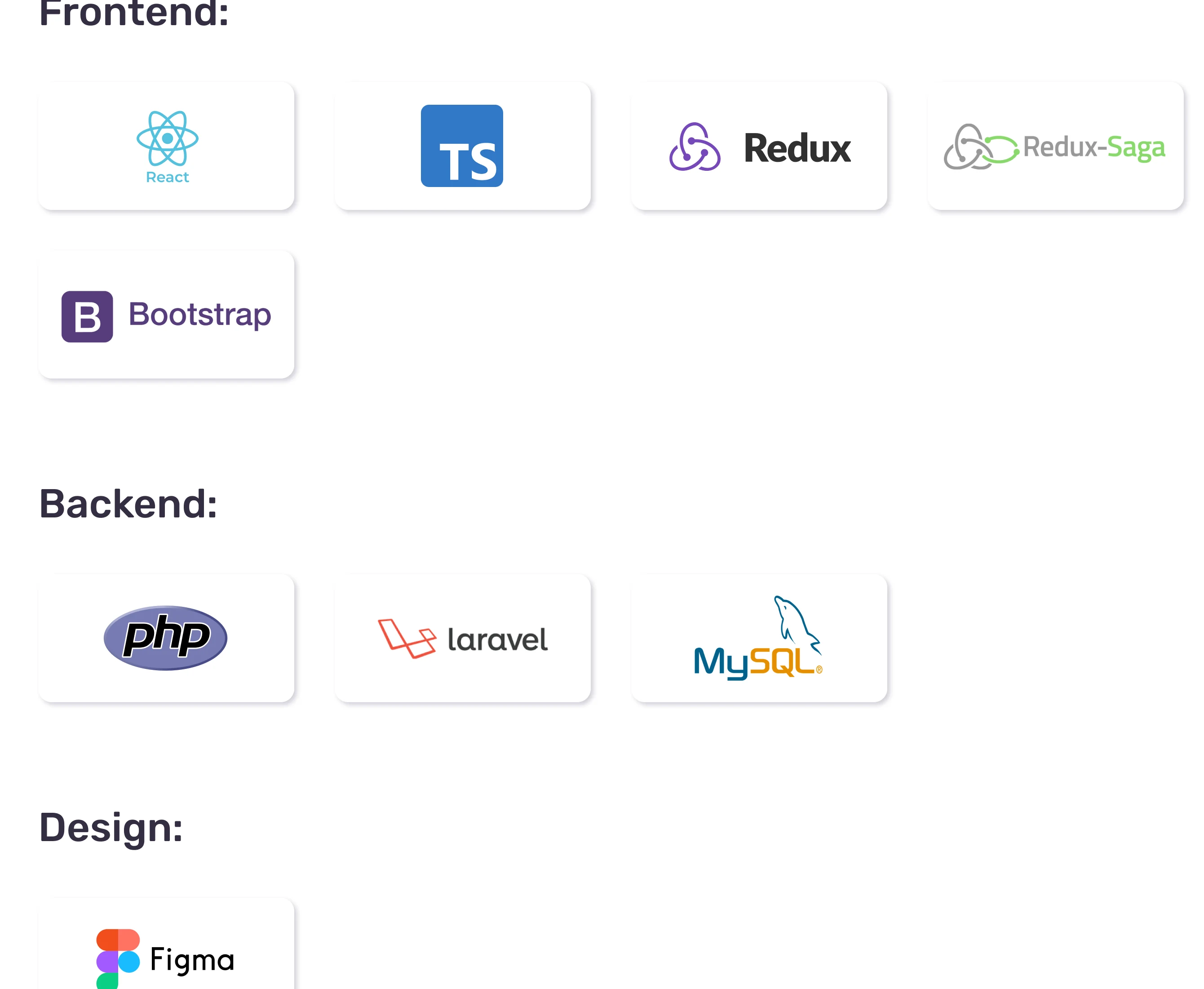 React, TypeScript, Redux, Redux-Saga, Bootstrap, PHP, Laravel, MySQL and Figma technology logos