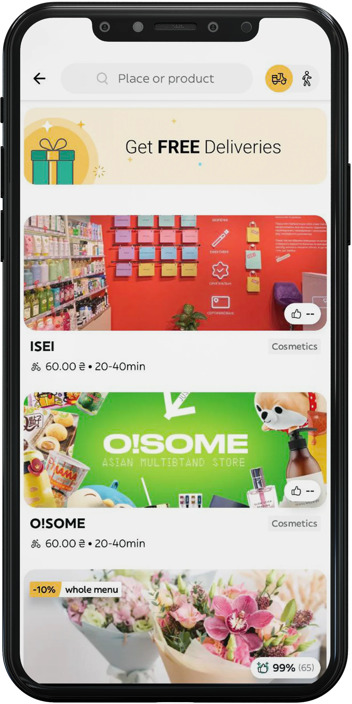 Glovo marketplace home screen shown on a mobile phone
