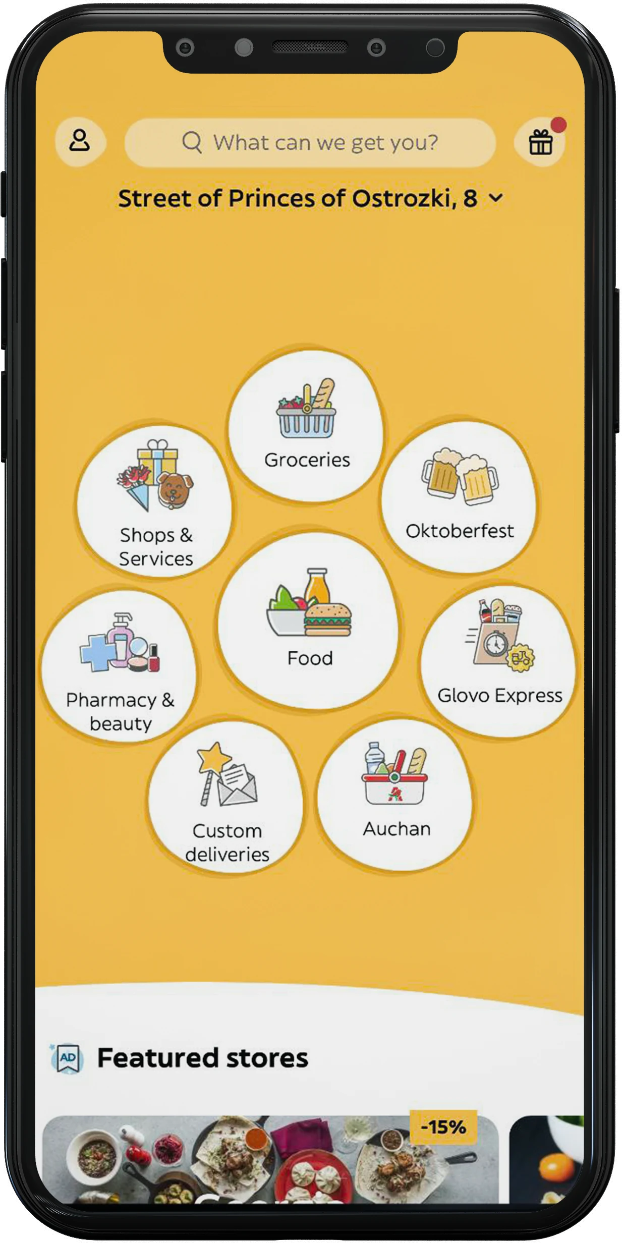 Glovo service-category selection screen