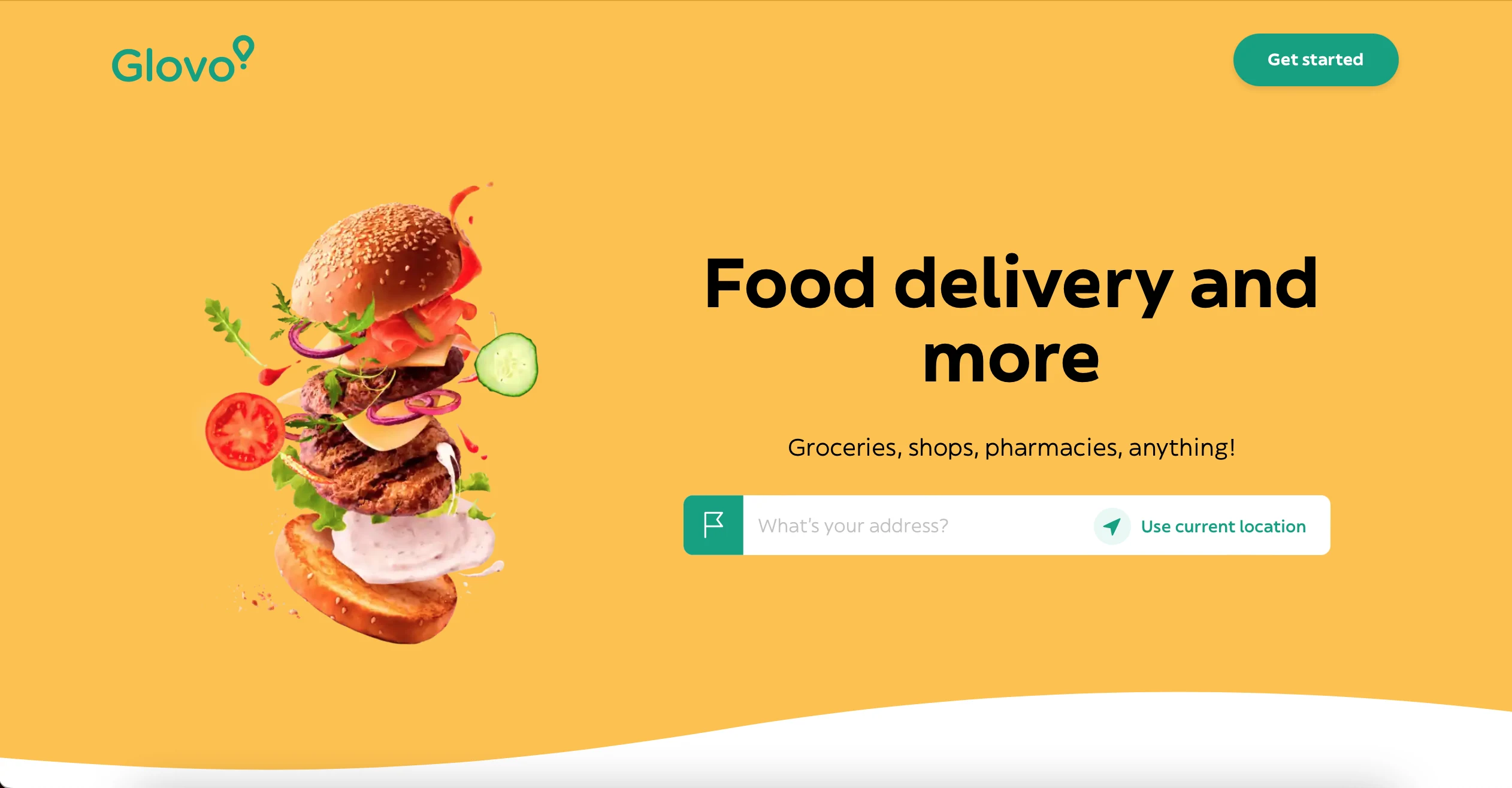 Glovo delivery marketplace web interface with food and address search