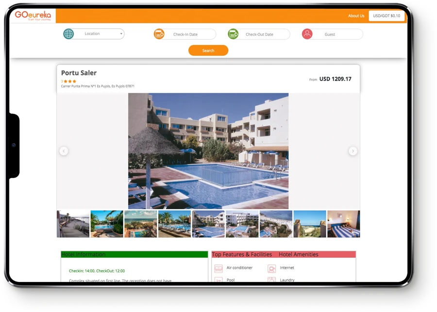 GOeureka hotel booking detail shown on a tablet
