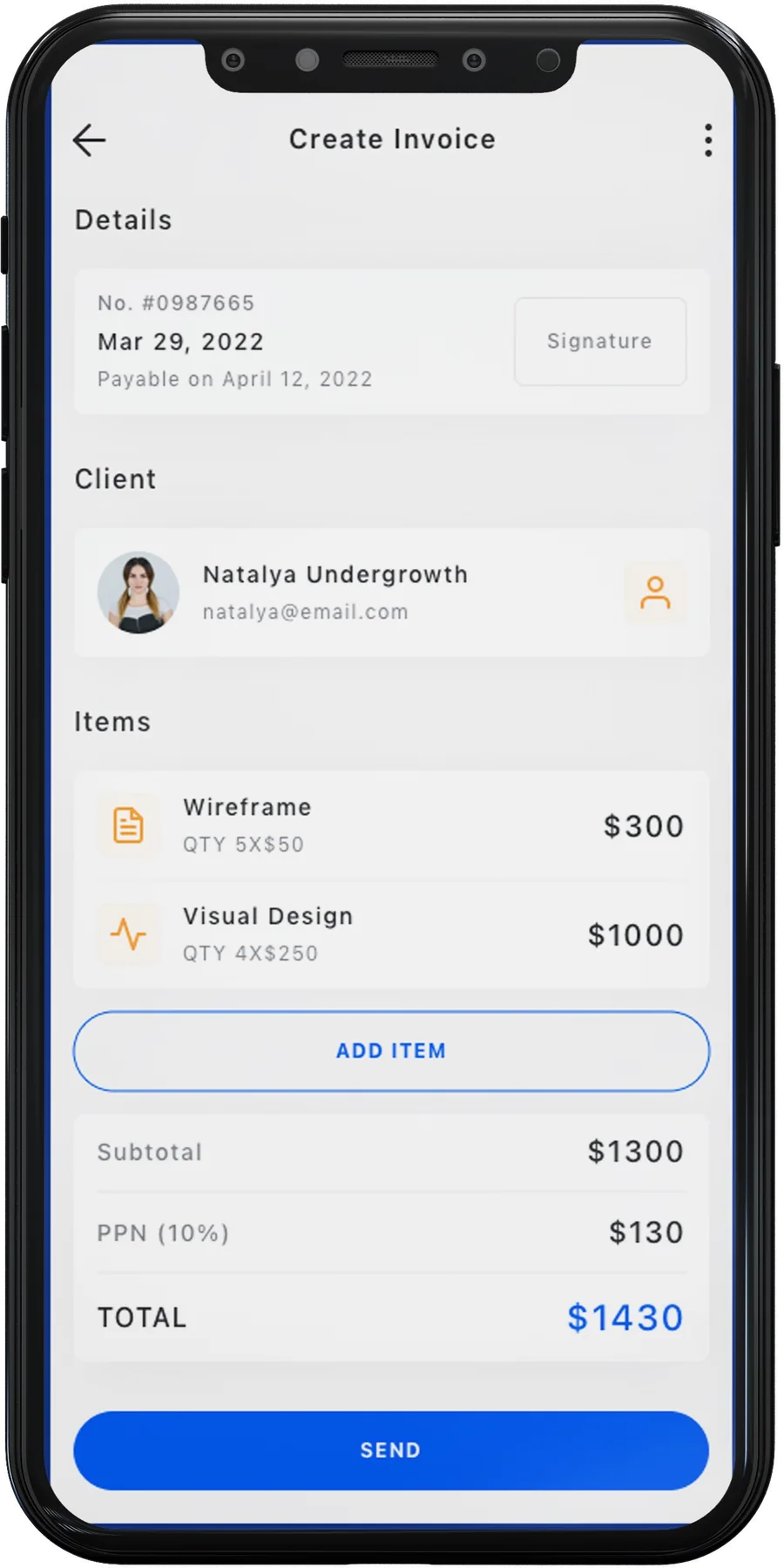 Invoice Insurance App create invoice screen