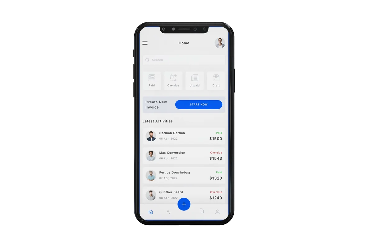 Invoice Insurance App dashboard showing insured invoices and recent activity