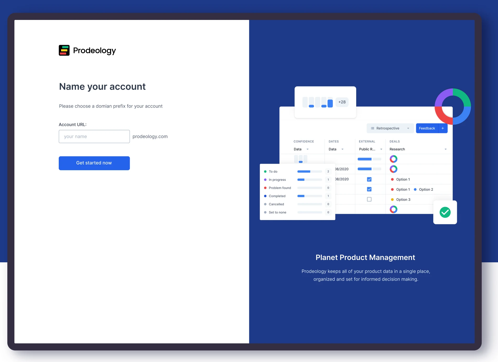 Prodeology product-management onboarding and dashboard interfaces
