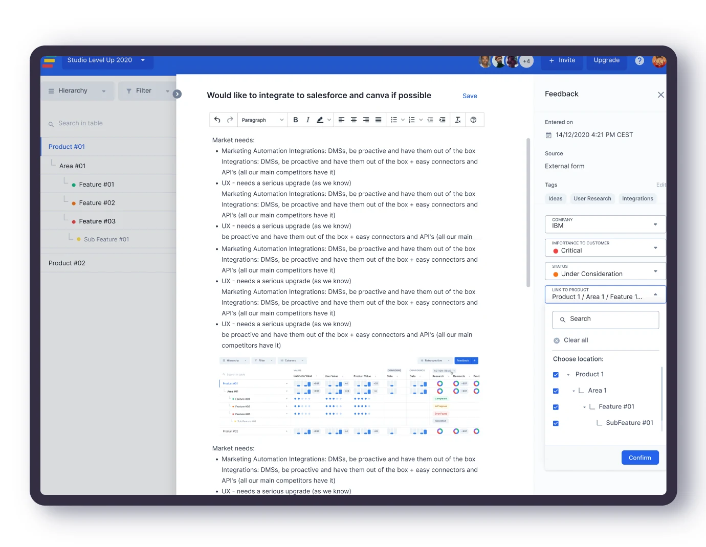 Prodeology feedback and feature-scoring interface