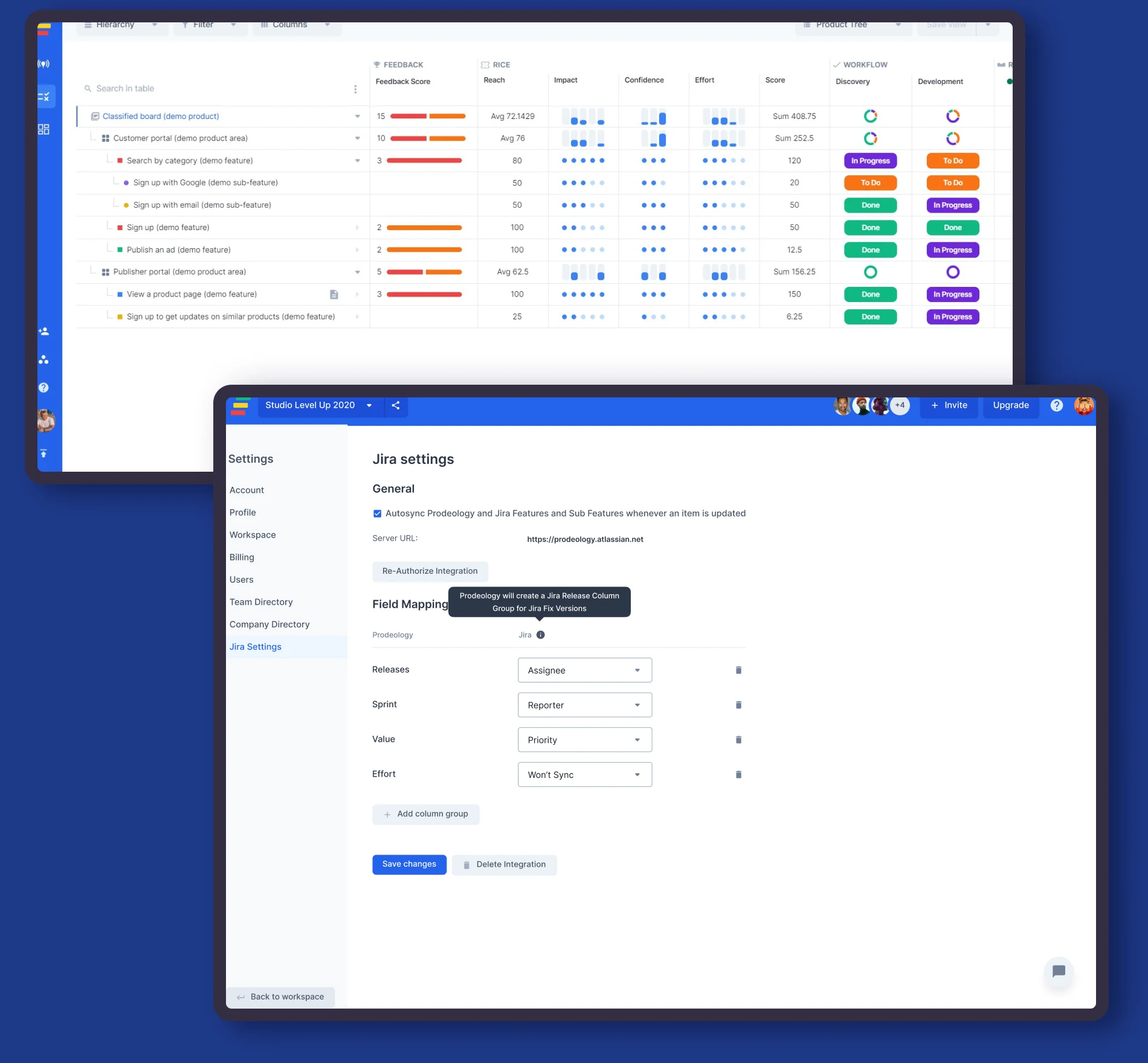 Prodeology prioritization table and product settings interfaces