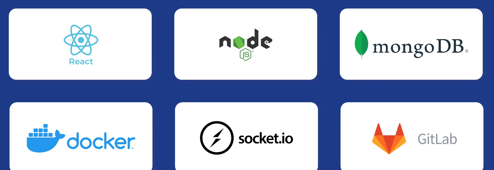 React, Node.js, MongoDB, Docker, Socket.IO and GitLab technology logos