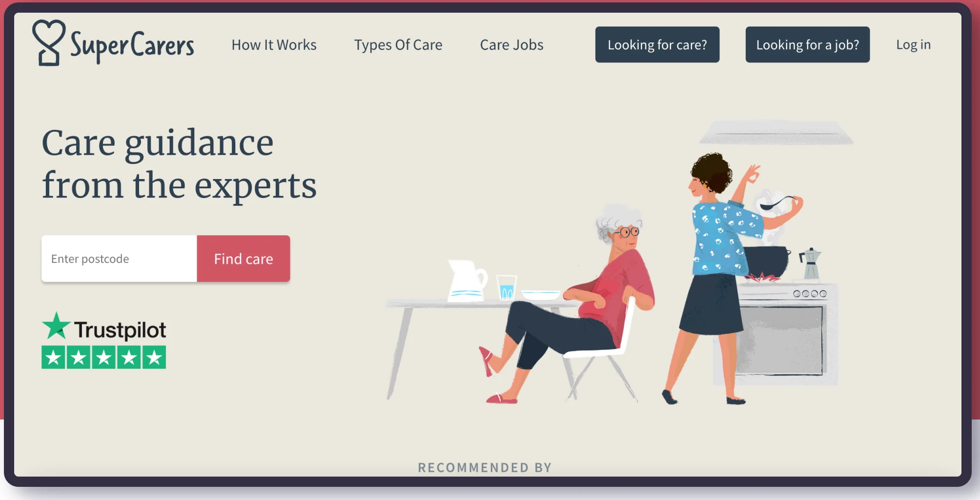 SuperCarers website showing care guidance and a postcode search