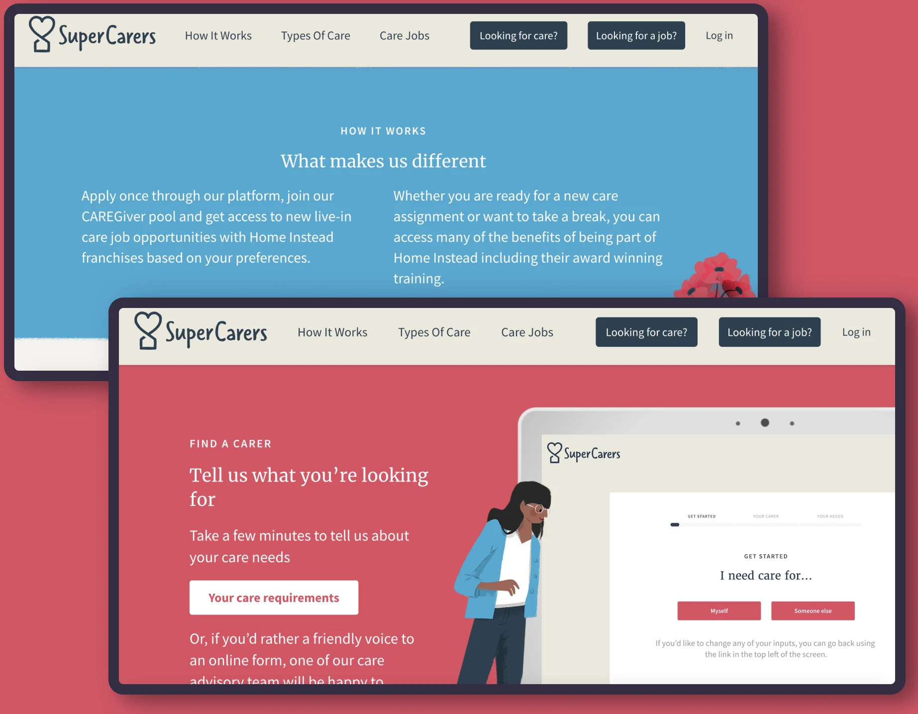 SuperCarers care matching and caregiver application screens