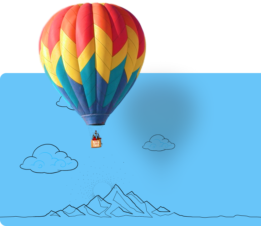 A colorful hot-air balloon lifting an idea toward a mountain destination