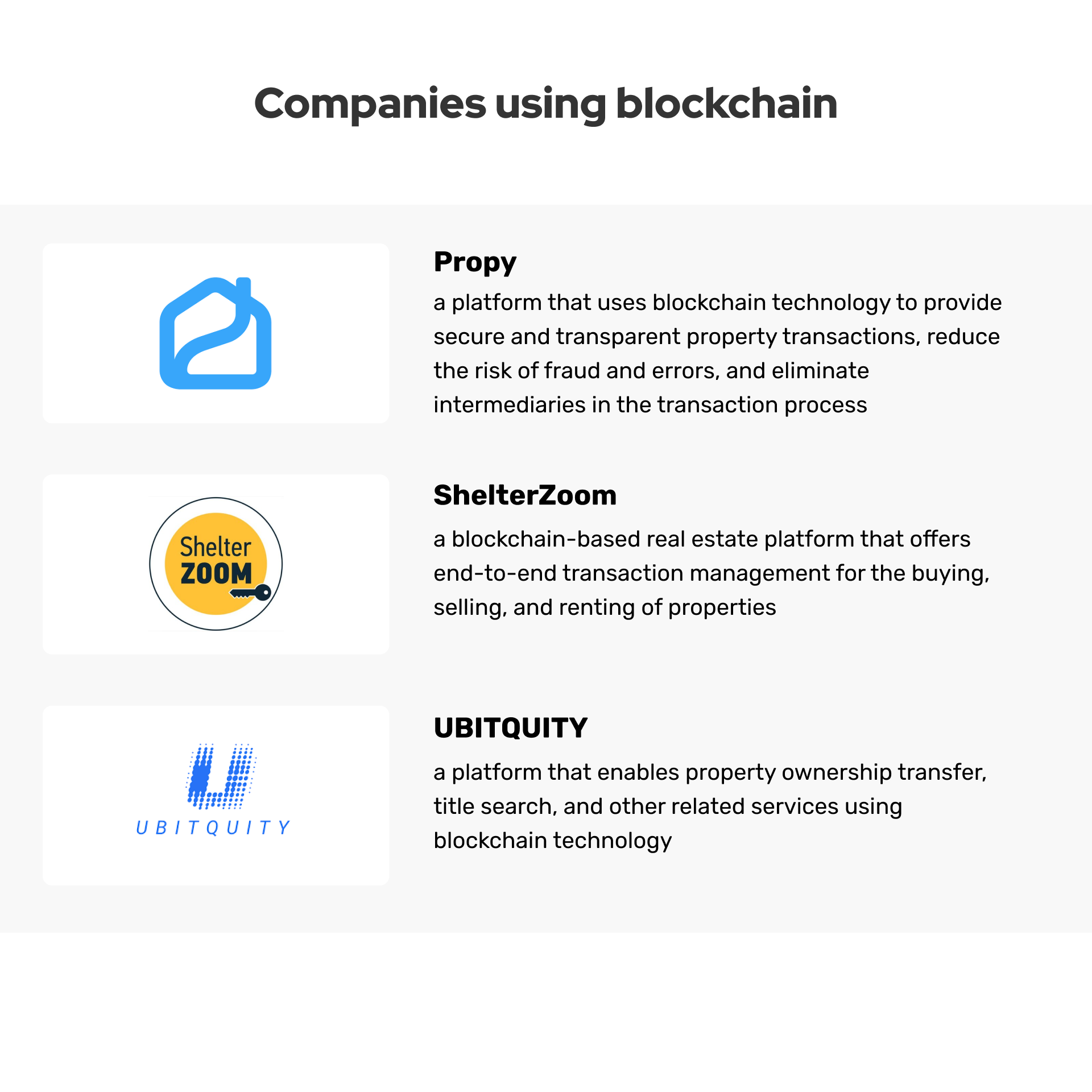 Propy, ShelterZoom, and UBITQUITY are among the real estate companies that have already incorporated blockchain technology into their operations.